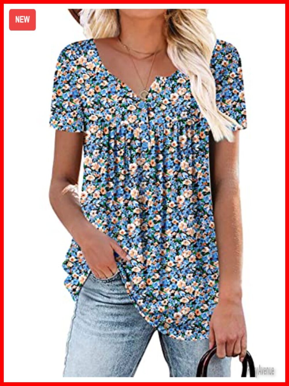 Womens Floral Tunic Top Short Sleeve V-Neck Loose Fit Blouse
